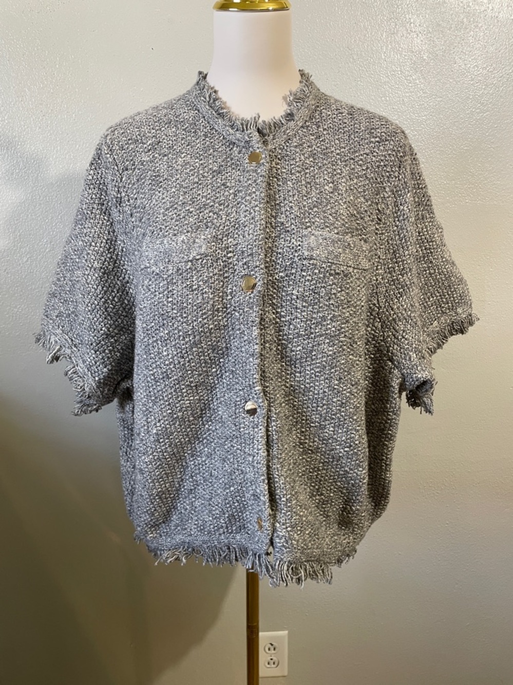 J. Crew Cotton Blend Knit Blazer 3X Gray White Fringe Snap Textured Stretch